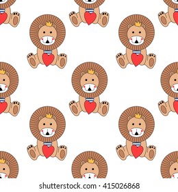 Baby lion with red heart seamless pattern on white background. Cute animal vector background. Child drawing style cartoon lion king. Cute design for print on baby's clothes.