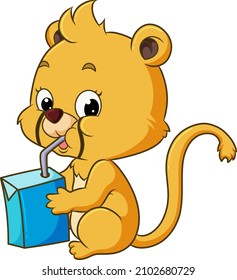 The baby lion is sitting and drinking the box of milk of illustration