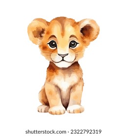 Baby lion watercolor isolated on white background. Set of cute lion painting vector illustration