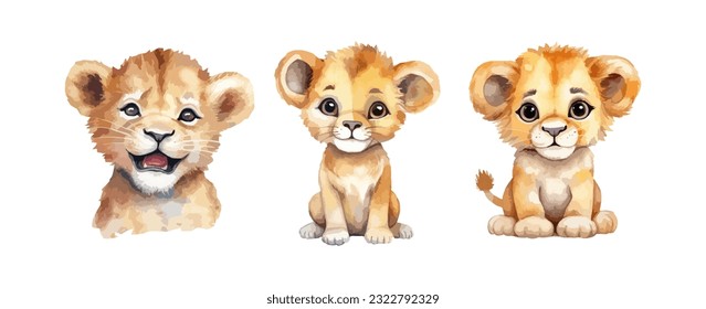 Baby lion watercolor isolated on white background. Set of cute lion painting vector illustration