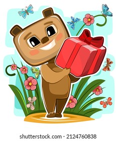 Baby Little bear carries gift to friend. Red box with ribbon and bow. Summer childrens illustration. On glade among flowers and butterflies. Cartoon style. Isolated on white background. Vector.