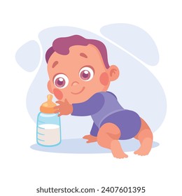 Baby Little Boy with Cute Face Creeping and Crawling to Milk Bottle Vector Illustration