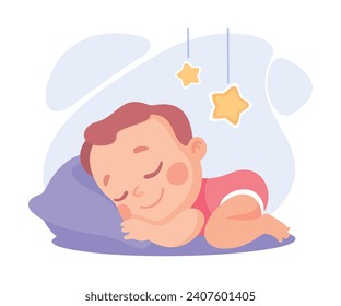 Baby Little Boy with Cute Face Sleep on Soft Pillow Vector Illustration