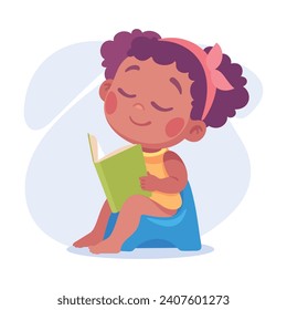 Baby Little Girl with Cute Face Sitting on Potty and Read Book Vector Illustration