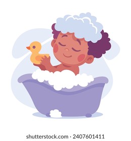 Baby Little Girl with Cute Face Bathing in Bathtub with Rubber Duck and Foam Vector Illustration