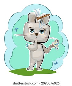 Baby little Hare loves butterflies. Characters of child cat stand. Funny dragonfly. A young animal. Cute cartoon style. Comic design. Clipart illustration is isolated on white background. Vector