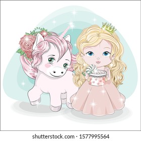 baby little princess, with long hair. crown. in pink ball dress and cute unicorn. Picture in hand drawing style, for Happy birthday greeting card, postcard. party invitation.
