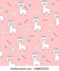Baby Llama Roses Cute Girl  Pattern Wallpaper Cartoon İlistration Happy