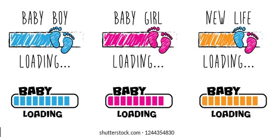 Baby Loading bar new life. New born, pregnant or coming soon footprints shoes and shoe sole. Kids or baby feet and foot steps Fun vector footsteps icon for print. Love heart blue boy or pink girl sign