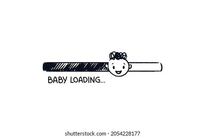 Baby loading. Hand drawn progress bar with download status cute kid face. Black on white shaded stripe of expected birth. Baby coming soon concept vector illustration isolated .