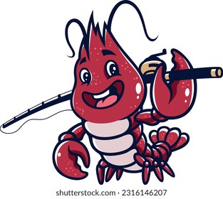 Baby Lobster Smiling and Holding a Fishing Rod