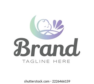 Baby logo design template. Cute baby sleeping in baby stroller stylized. Child love, child care, protect children concept. Baby shop, Maternity store, Children's toys store, Kids fashion symbols.
