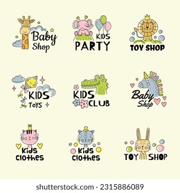 Baby logo. Kids badges and symbols with place for text cute funny emblems for education center recent vector templates set