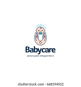 Baby logo. Sleeping baby in mother hands. Care and safety logotype.