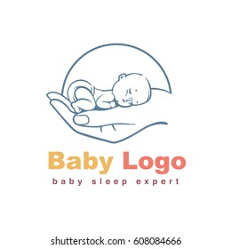 Baby Logo Template. Baby Sleeping On Hand. Concept Of Baby Care, Safety, Parenting, In Vitro Fertilization. Emblem For Sleep Training Center, Sign For Sleep Expert. Line Art Vector Illustration.