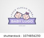Baby logo. Vector symbol with children faces - boy and girl. Cute design isolated on white background.