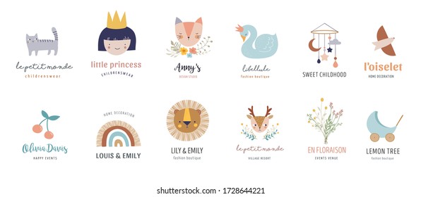 Baby logos, icons, children room, nursery decoration in pastel colors. Vector illustrations in retro style