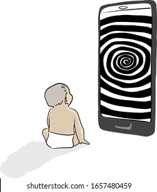 baby looking at a big mobile phone with hypnotizing rotating spiral vector illustration sketch doodle hand drawn isolated on white background