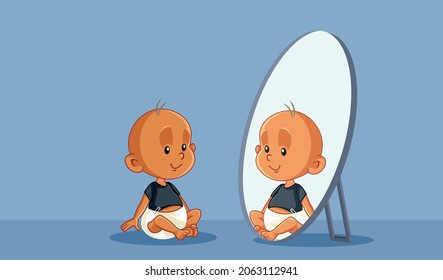 Baby Looking in the Mirror Vector Cartoon Illustration 
Cute little infant recognizing himself in the reflection
