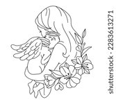 Baby loss memorial. Mom holding baby angel. Angel newborn baby with mom. Vector illustration.