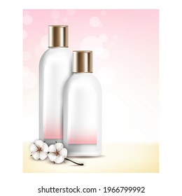 Baby Lotion Creative Promotional Banner Vector. Baby Lotion Blank Bottles And Natural Flowers On Advertising Poster. Hypoallergenic Skin Care Cream Style Concept Template Illustration