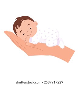 The baby is lying on the mother's hand.  World prematurity babies day.International children's day. Vector Illustration isolated