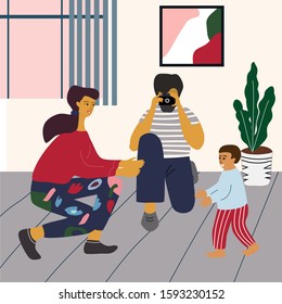 Baby makes first steps. Mother smiles and  gives hands for child, father take a photo to save important moment. Happy family at home. Flat colorful vector illustration in trendy cartoon style