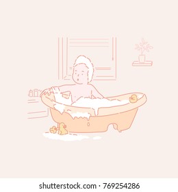 baby making a bubble bath in the tub. hand drawn style vector doodle design concept illustrations.