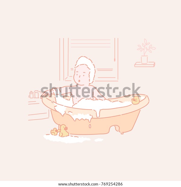 お風呂に泡風呂を入れる赤ちゃん 手描きのスタイルベクター画像落書き デザインコンセプトイラスト のベクター画像素材 ロイヤリティフリー