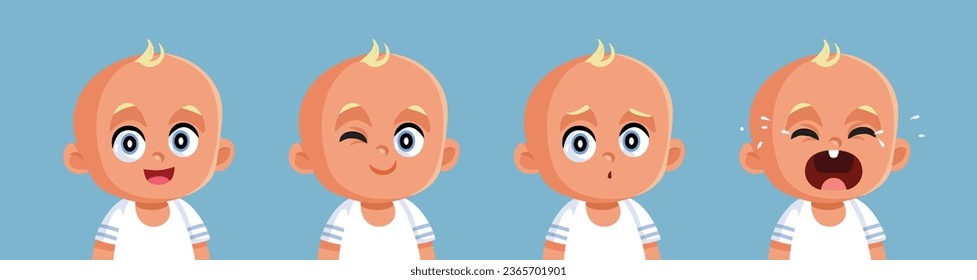 
El bebé hace diferentes expresiones y una variedad de dibujos vectores de emociones. Pequeño niño cambiando las expresiones faciales después de su humor
