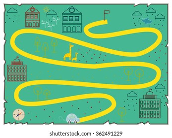 Baby map showing  island with building, car, plane, giraffe and compass star
