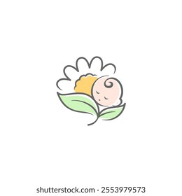 baby mascot logo sleeping in chamomile flower comfortably. Sweet dream illustrations. cute baby sleep