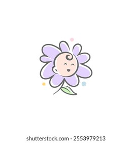 baby mascot logo sleeping in happy chamomile flower comfortably. Sweet dream illustrations. cute baby sleep