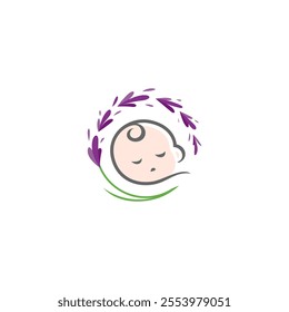 baby mascot logo sleeping in lavender flower comfortably. Sweet dream illustrations. cute baby sleep