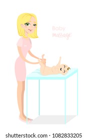 Baby massage for children. Flat isolated vector illustration. Blonde masseuse in pink uniform doing massage for little boy