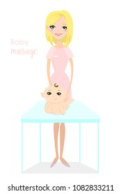 Baby massage for children. Flat isolated vector illustration. Blonde masseuse in pink uniform doing massage for little boy