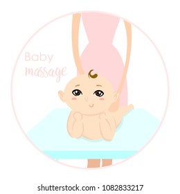 Baby massage for children. Flat isolated vector illustration. Logo. The boy lies on the table.