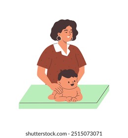 Masaje de bebé en casa. Mamá amasa suavemente la espalda de su bebé. Un lindo bebé yace sobre la mesa en su barriga. El terapeuta revisa la salud del niño. Ilustración vectorial aislada sobre fondo blanco.