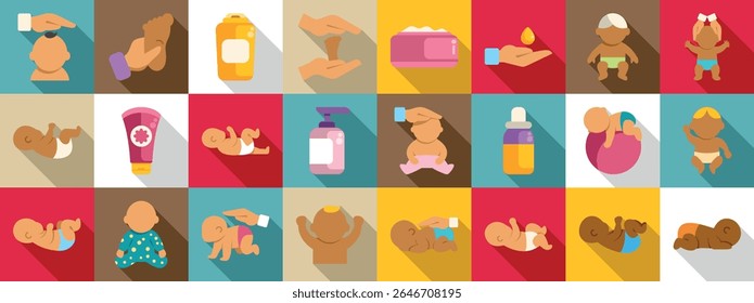  Ícones de massagem para bebês ajustados. Ícones coloridos de cuidados com bebês representam vários aspectos de nutrição, brincadeira e higiene para bebês