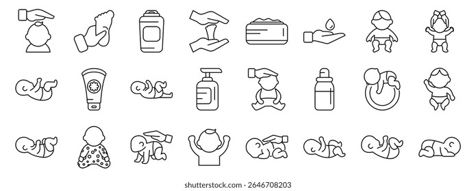  Baby massage icons set. Essential newborn care products and actions are depicted in these simple icons, highlighting hygiene, comfort, and nurturing touch
