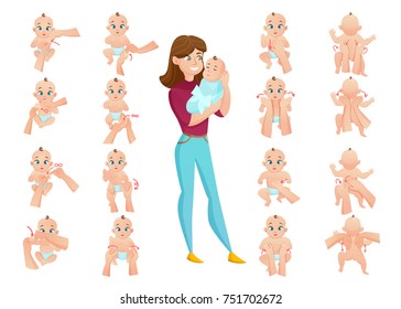 Baby massage set with mother and baby flat isolated vector illustration