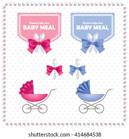 Baby meal logo and identity. Cute small spoons and ribbon as beautiful silk bow. Baby carriage.