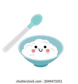 Baby meal with spoon and rice bowl cartoon icons isolated on white background vector illustration.