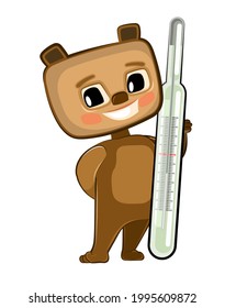Baby measure temperature. Bear. Childrens medicine. Background cartoon illustration for children. Cheerful animal. Pharmacy pediatrics. Flat design. Vector