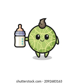 baby melon fruit cartoon character with milk bottle , cute style design for t shirt, sticker, logo element
