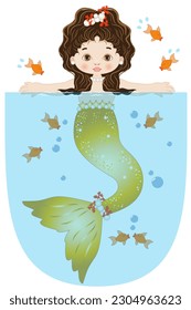 Baby mermaid immersed in water surrounded by small goldfish