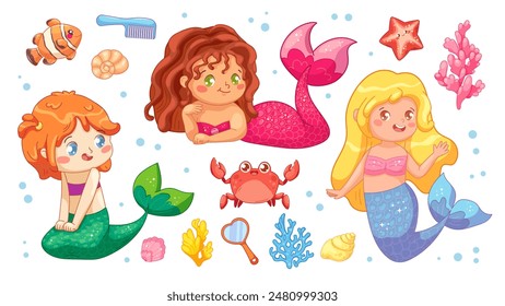 Baby Mermaid Set. Cute mermaids, sea animals, seaweed, shells, hairbrush and mirror. Vector collection of cartoon elements