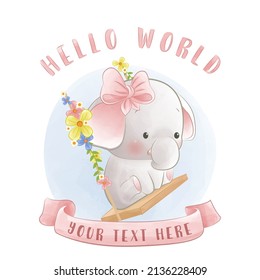 Baby milestone animals card cute elephant cub playing on the swing