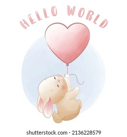 Baby milestone animals card cute rabbit flying with love shaped balloon