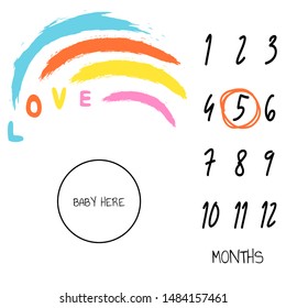 Baby milestone blanket background love rainbow decoration card. Newborn monthly first year celebration points. Simple fun design template.